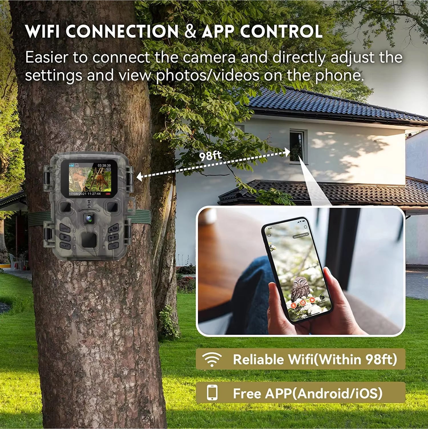 Wireless camera system attached to a tree with smartphone app control feature.