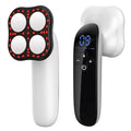 White electronic device with red lights and a black control unit on a white background