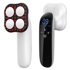 White electronic device with red lights and a black control unit on a white background