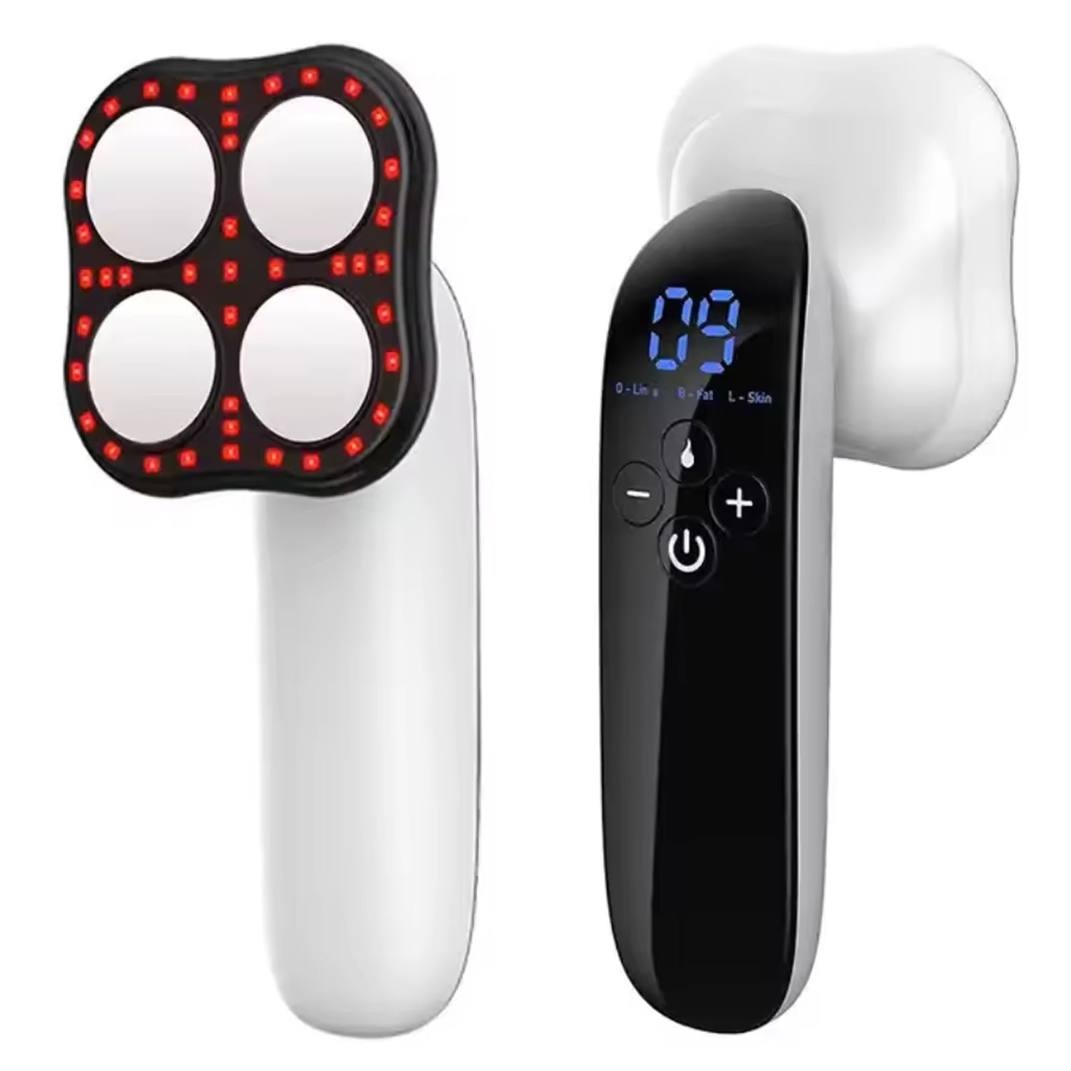 White electronic device with red lights and a black control unit on a white background