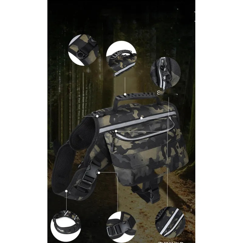 Camouflage backpack with multiple views on a dark background