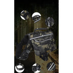 Camouflage backpack with multiple views on a dark background