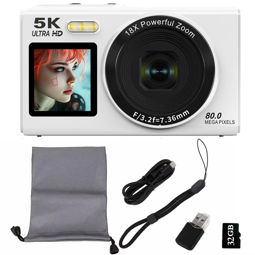 Digital camera with screen, lens, strap, and accessories on a white background