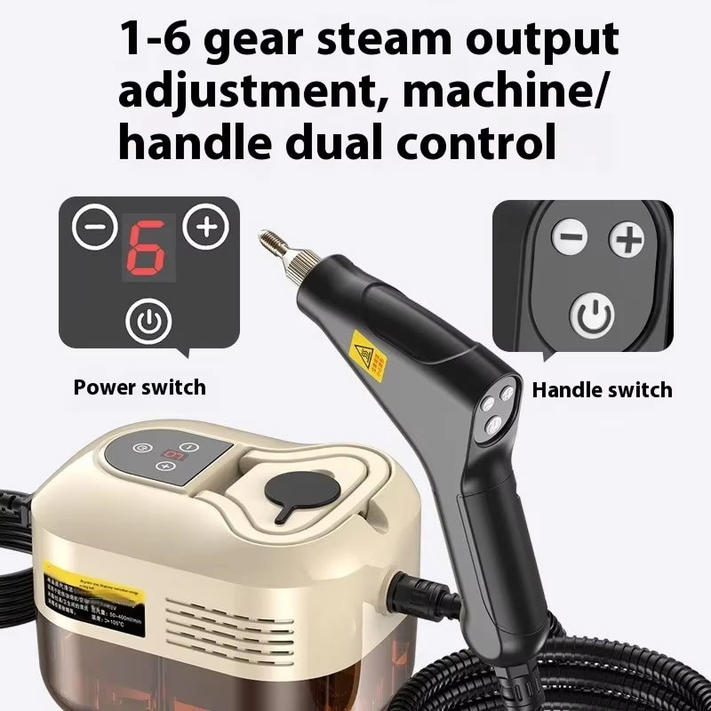 Steam cleaner with power and handle switch controls on a white background