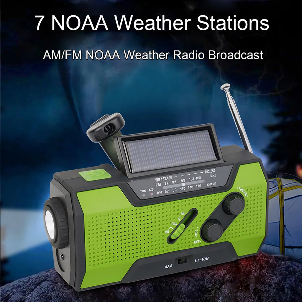 Green and black NOAA weather radio with solar panel on a dark background