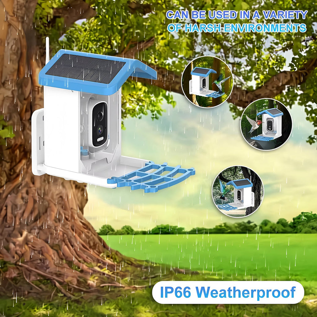 Weatherproof camera system attached to a tree with outdoor scenery and text highlighting its durability.