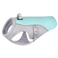 Dog harness with light blue and gray design on a white background