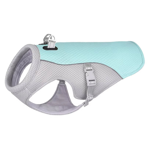 Dog harness with light blue and gray design on a white background