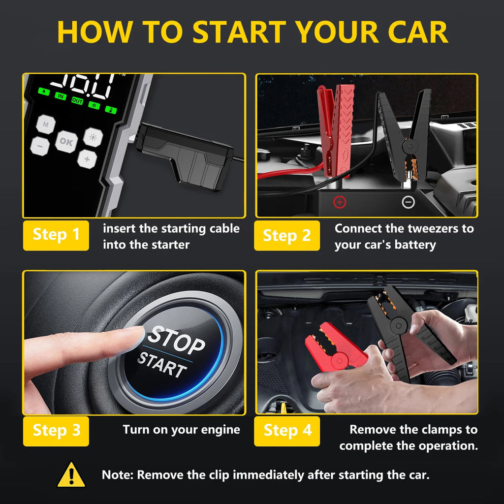 Step-by-step guide on how to start a car using a jump starter, with clear illustrations and text.