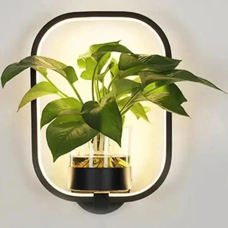 LED Plant Wall Light with Glass Vase | Warm Backlight, Metal Frame