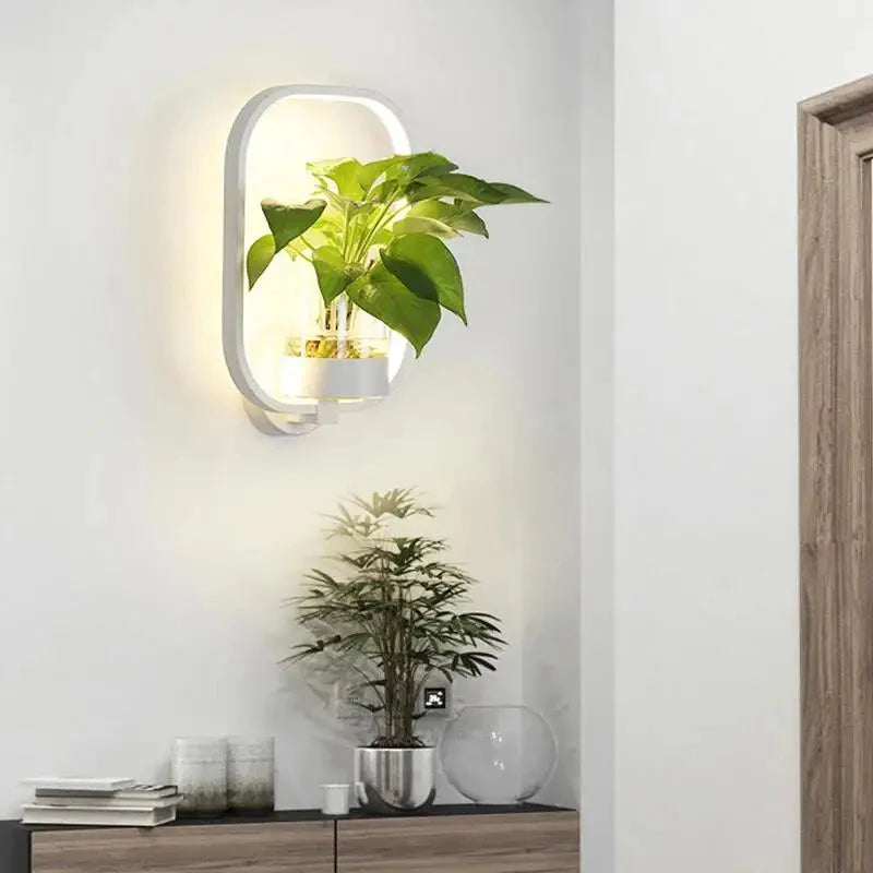 LED Plant Wall Light with Glass Vase | Warm Backlight, Metal Frame