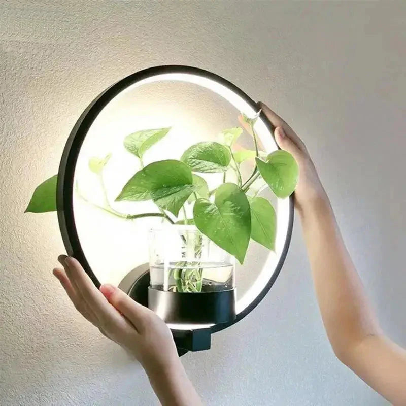 LED Plant Wall Light with Glass Vase | Warm Backlight, Metal Frame