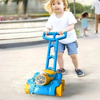 Child pushing a blue toy lawn mower on a sidewalk