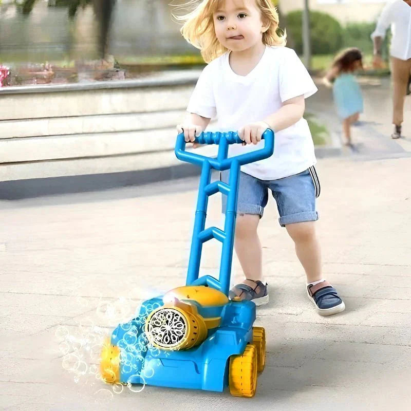 Child pushing a blue toy lawn mower on a sidewalk