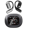 Black wireless earbuds and a smartwatch with a digital display on a white background