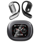 Black wireless earbuds and a smartwatch with a digital display on a white background