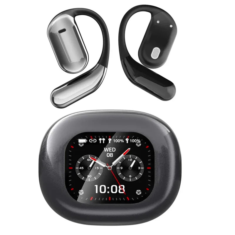 Black wireless earbuds and a smartwatch with a digital display on a white background