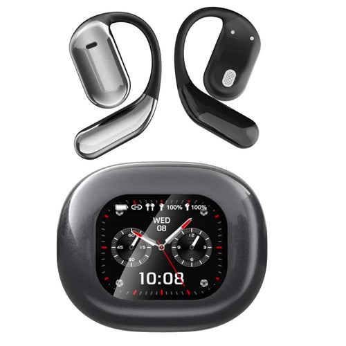Black wireless earbuds and a smartwatch with a digital display on a white background