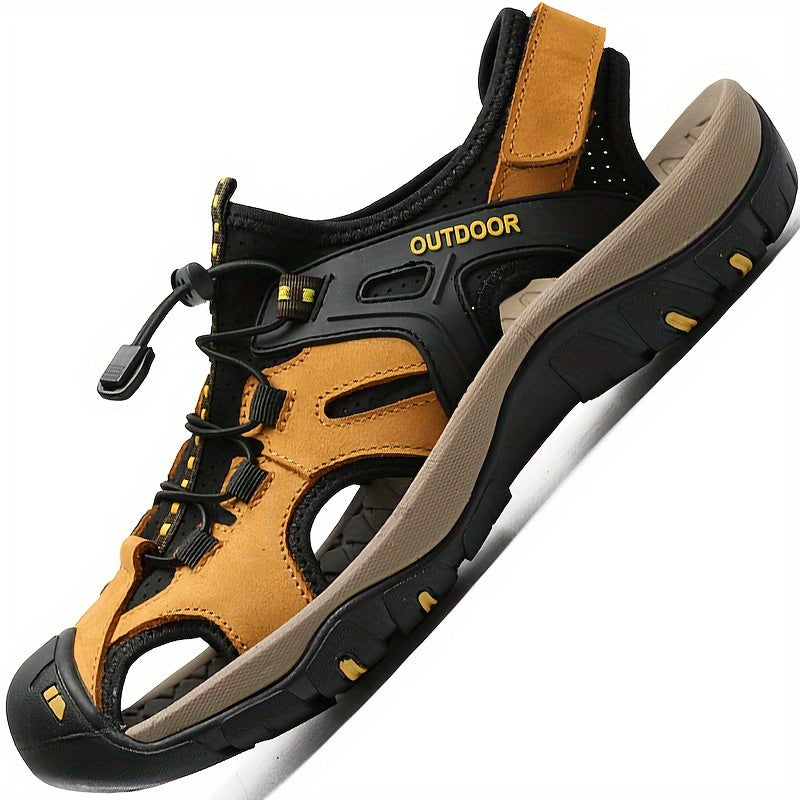 Brown and black outdoor sandal with 'Outdoor' label on a white background
