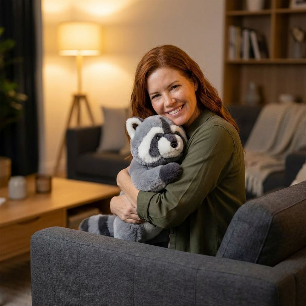 Woman holding a plush raccoon toy in a cozy living room.
