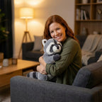 Woman holding a plush raccoon toy in a cozy living room.