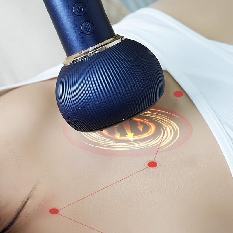 Blue handheld device emitting a red light on a person's back