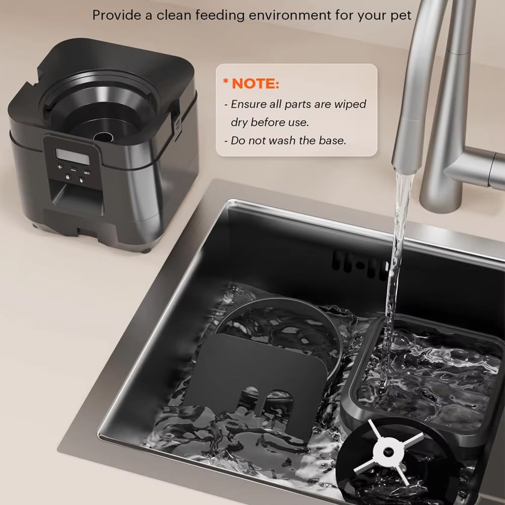 Pet feeding station with water being poured into it, on a beige surface.