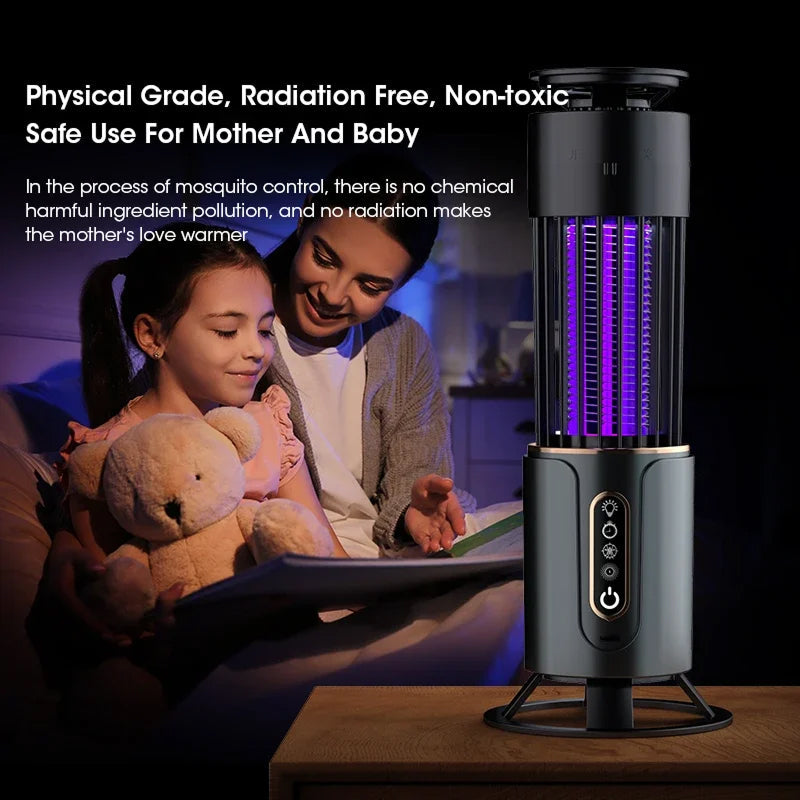 Family reading together with a mosquito zapper in the foreground, emphasizing safety and effectiveness.