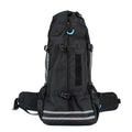 Black backpack with reflective stripes on a white background