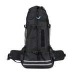 Black backpack with reflective stripes on a white background
