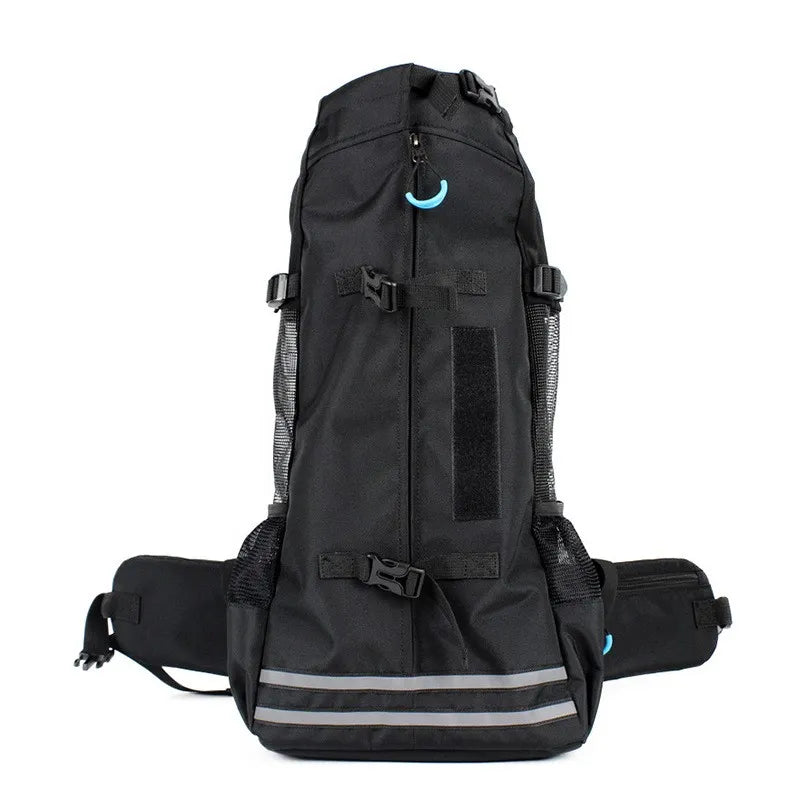 Black backpack with reflective stripes on a white background