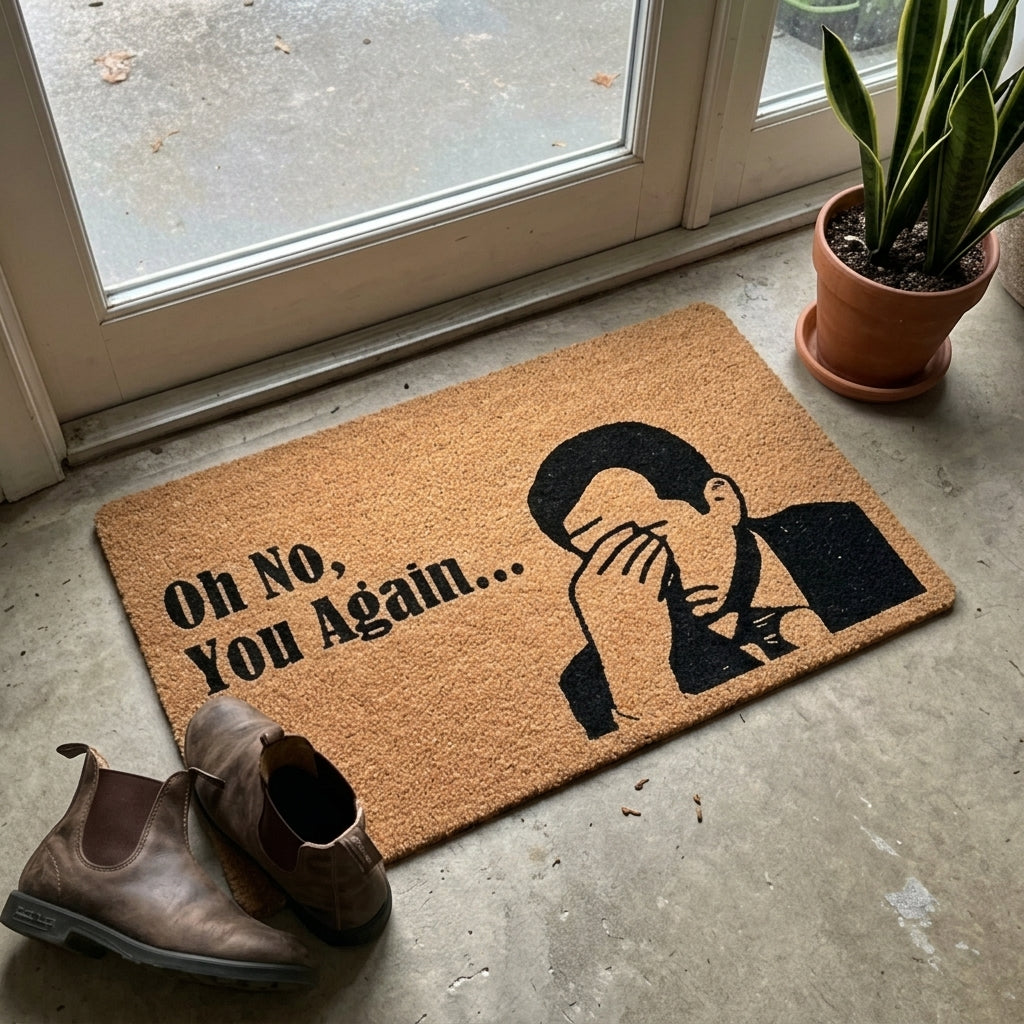 Doormat with a humorous design and text on a concrete floor next to a door.