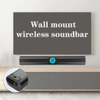 Wall mount wireless soundbar with text on a gray background