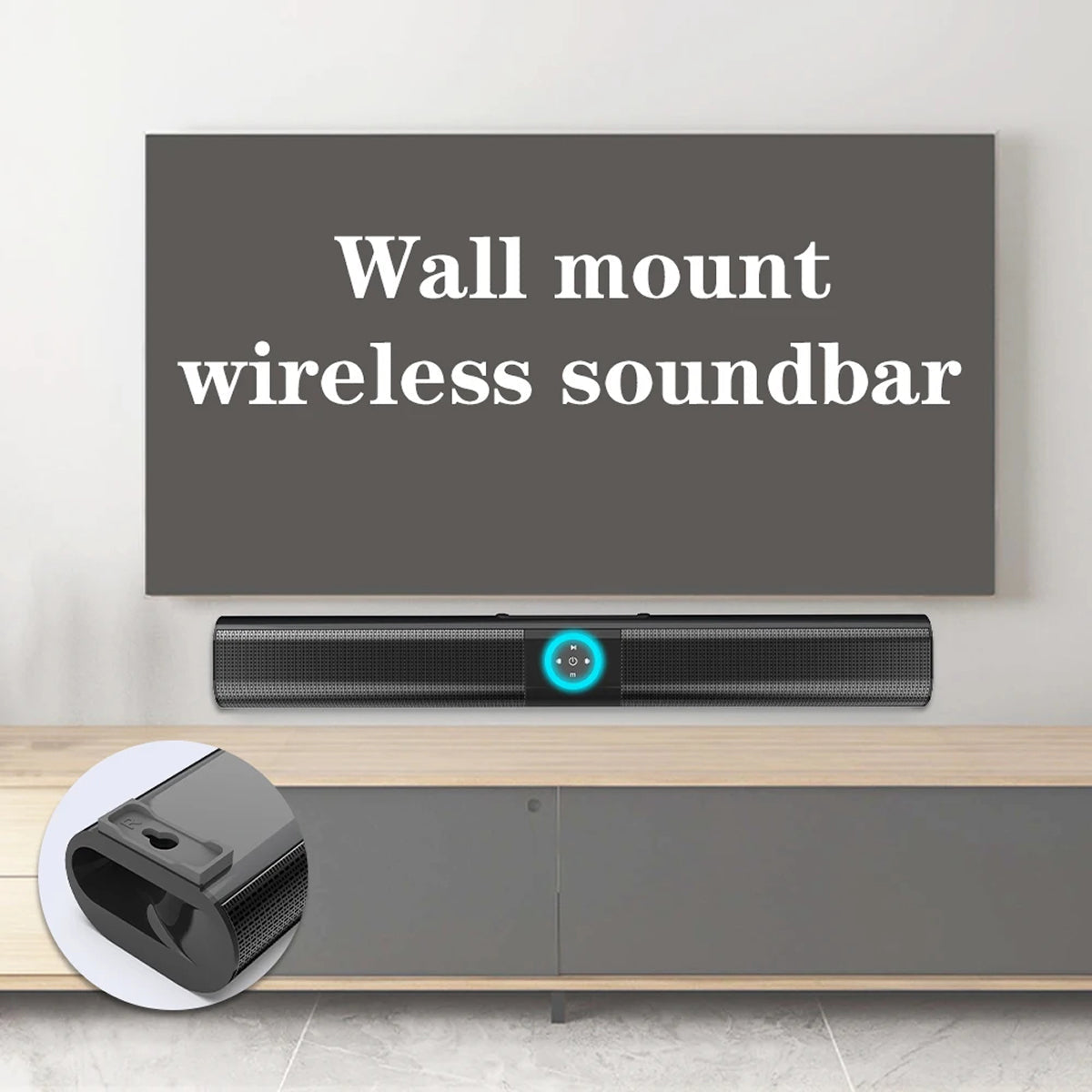 Wall mount wireless soundbar with text on a gray background