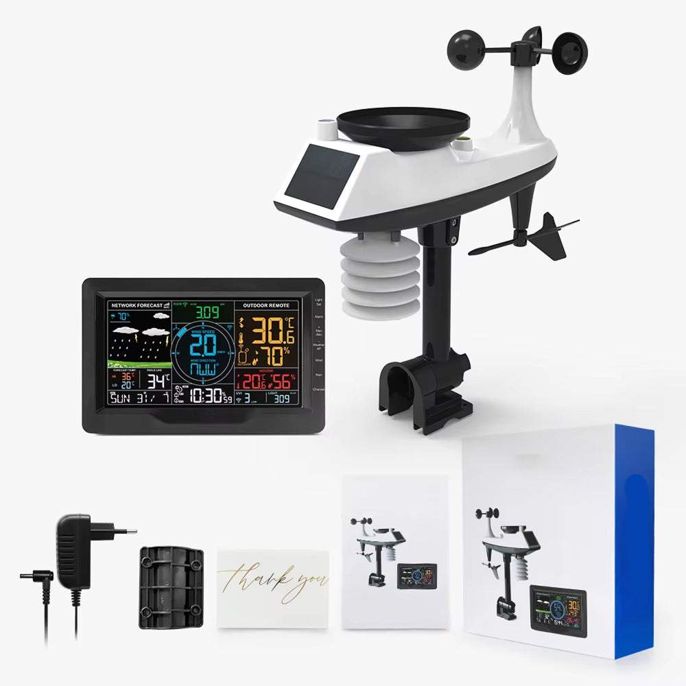 Weather station with digital display, solar panel, and components on a white background
