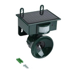 Solar-powered pest repeller with a solar panel and speaker on a white background