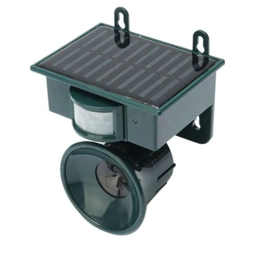 Solar-powered pest repeller with a solar panel and horn-like component on a white background