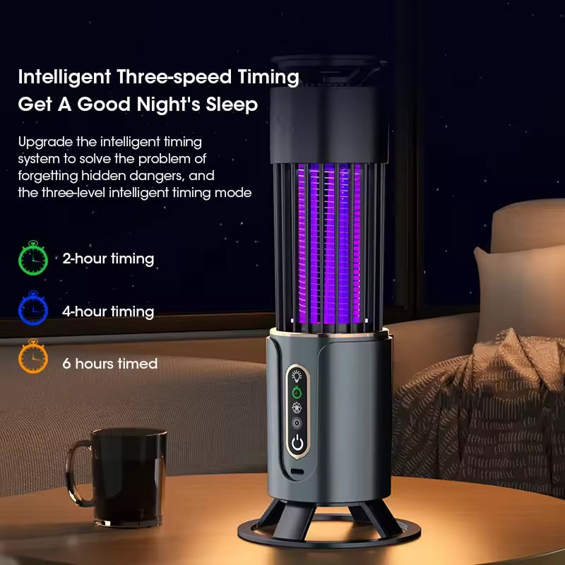Electronic device with purple light on a table next to a mug, with text about intelligent timing.