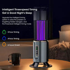 Electronic device with purple light on a table next to a mug, with text about intelligent timing.