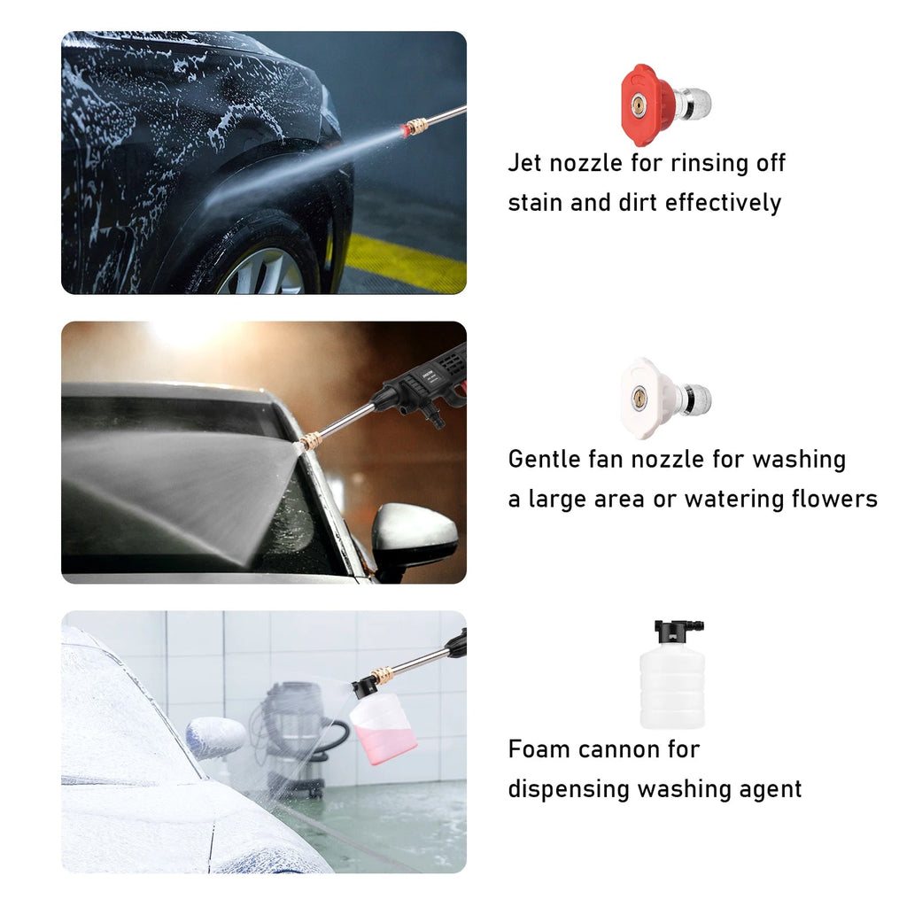 Car washing nozzle with jet, fan, and foam cannon attachments on a white background.