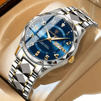 Luxury watch with blue dial and silver and gold bracelet on beige surface