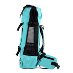 Turquoise backpack with black straps on a white background
