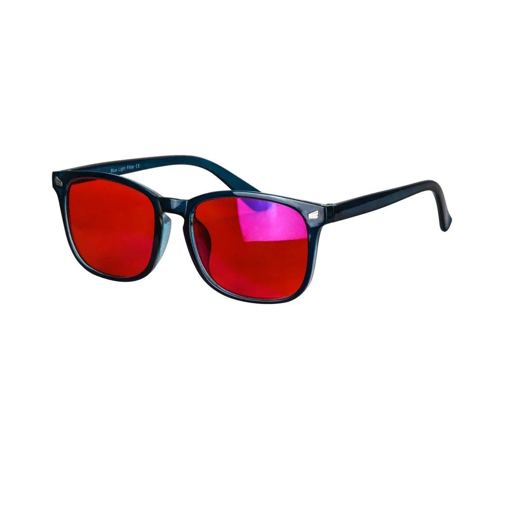 Sunglasses with red lenses and black frame on a white background