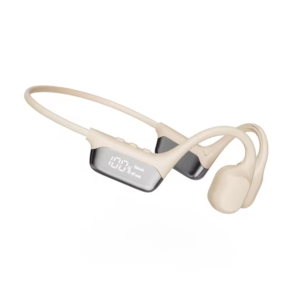 Beige wireless earbuds with a charging case on a white background