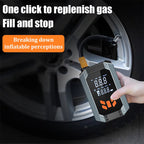 Digital tire inflator being used on a car tire with text about gas replenishment.
