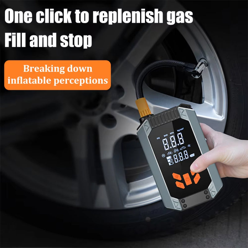 Digital tire inflator being used on a car tire with text about gas replenishment.