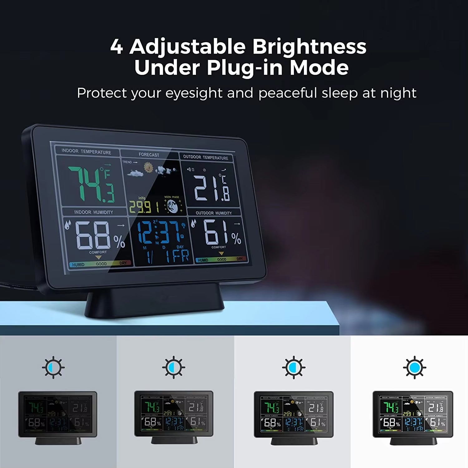 Digital clock with weather display and adjustable brightness feature on a dark background
