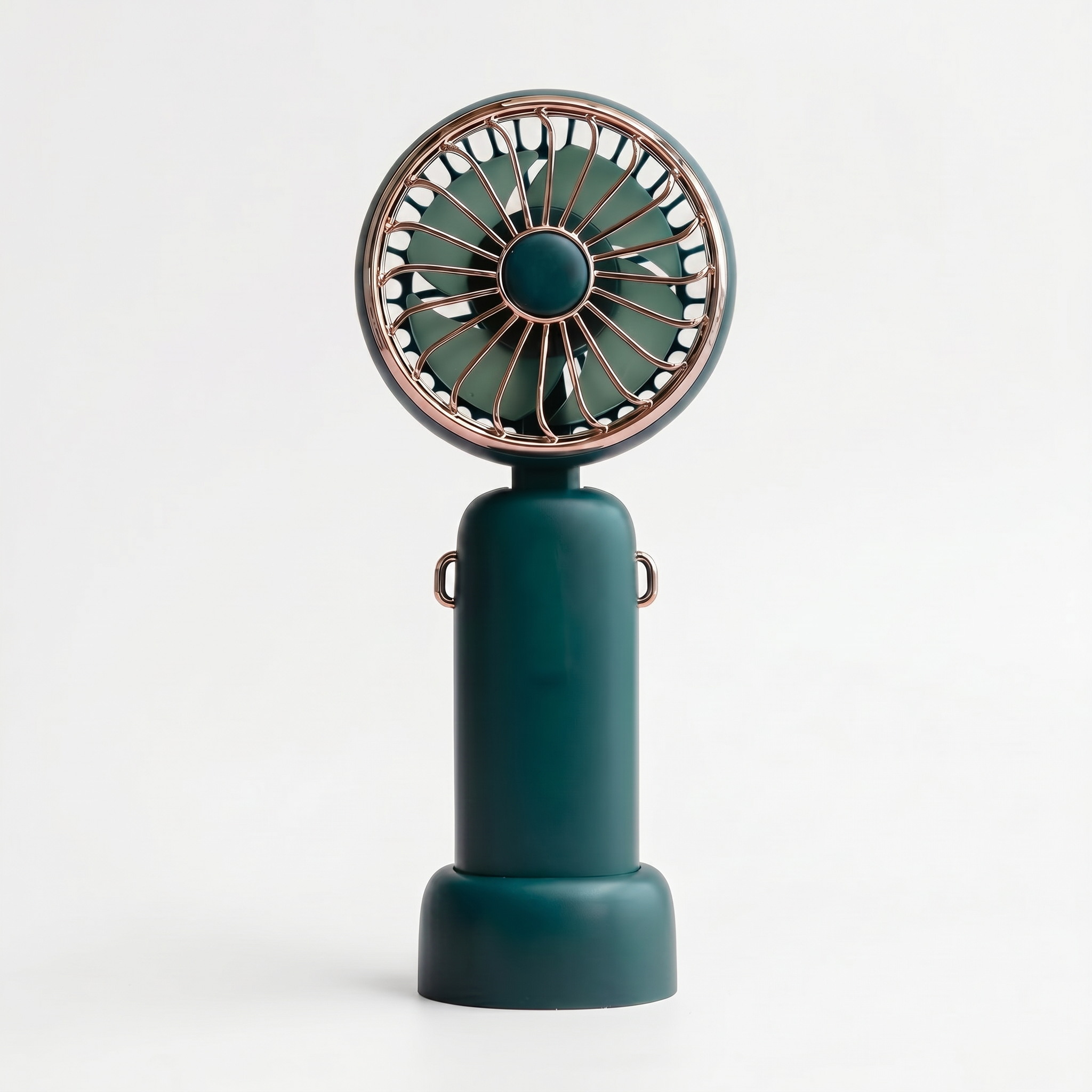 Green handheld fan with copper accents on a white background