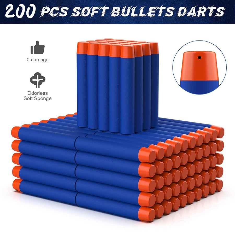 Stack of blue and orange soft bullets darts with product details on a white background