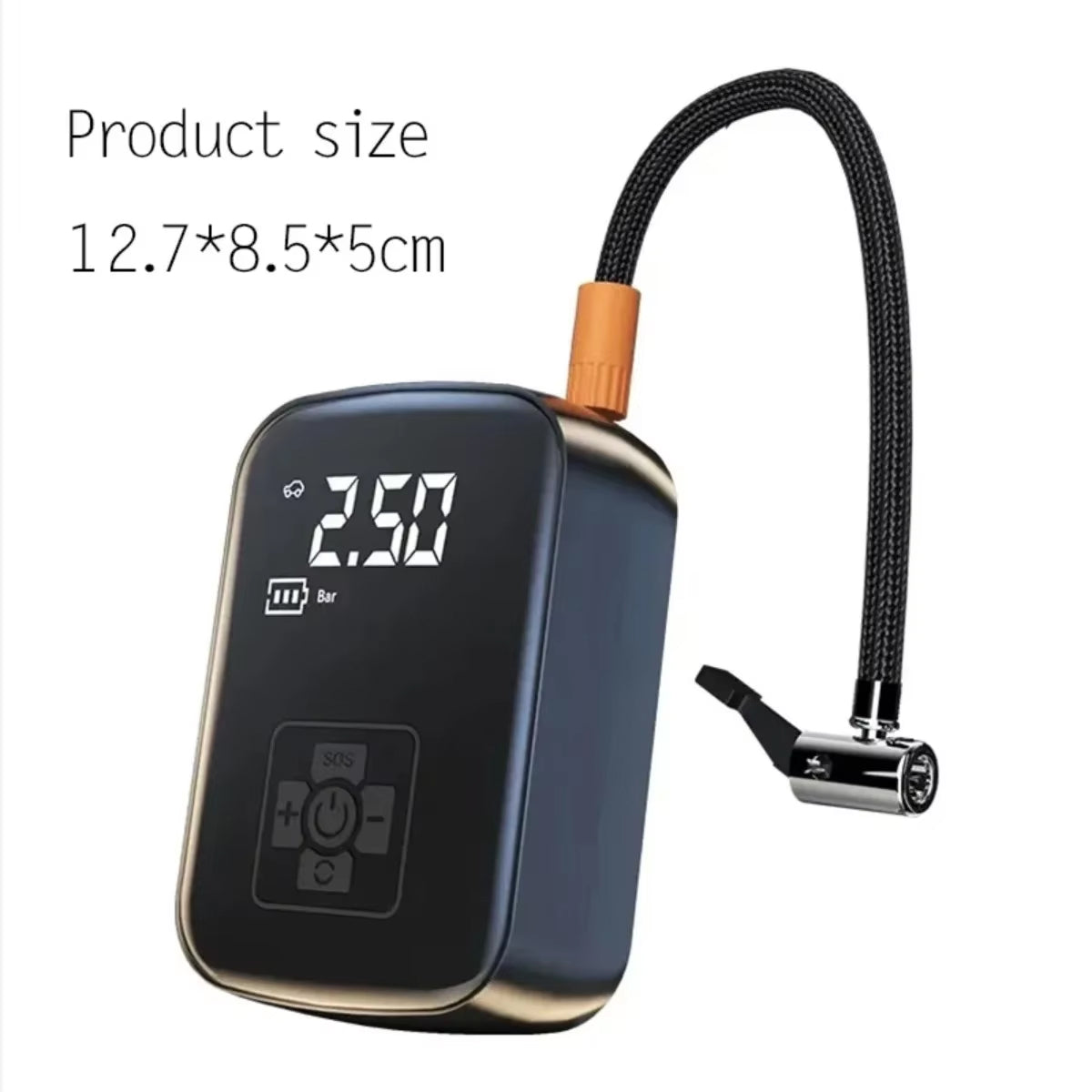 Portable air pump with digital display and hose on a white background